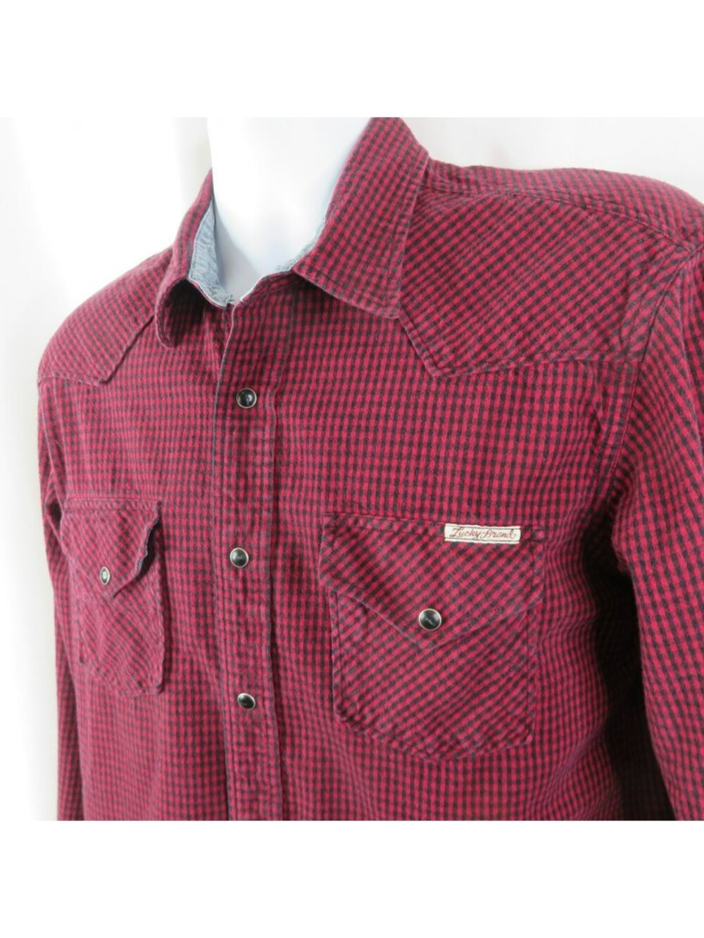 Lucky Brand Western Flannel Shirt  Mens L Snaps Long Sleeve Red Black Plaid